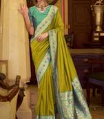 neon soft silk blend woven saree with unstitched blouse piece
