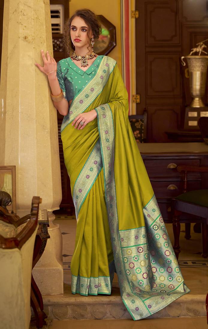 neon soft silk blend woven saree with unstitched blouse piece