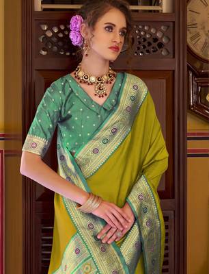 neon soft silk blend woven saree with unstitched blouse piece 2