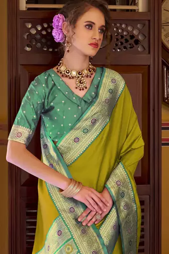 neon soft silk blend woven saree with unstitched blouse piece