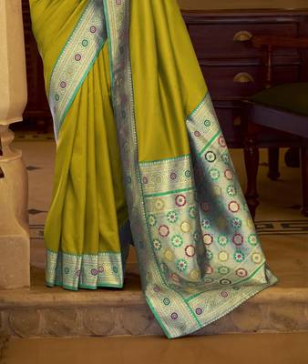 neon soft silk blend woven saree with unstitched blouse piece 3