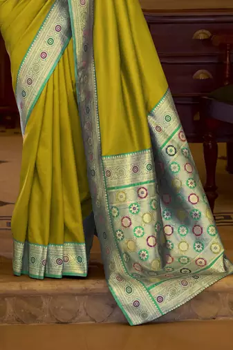 neon soft silk blend woven saree with unstitched blouse piece