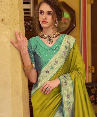 neon soft silk blend woven saree with unstitched blouse piece 4