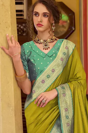 neon soft silk blend woven saree with unstitched blouse piece