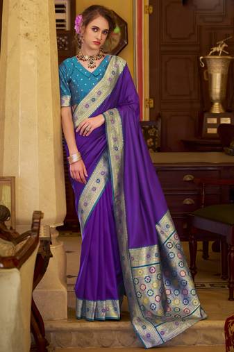 purple soft silk blend woven saree with unstitched blouse piece
