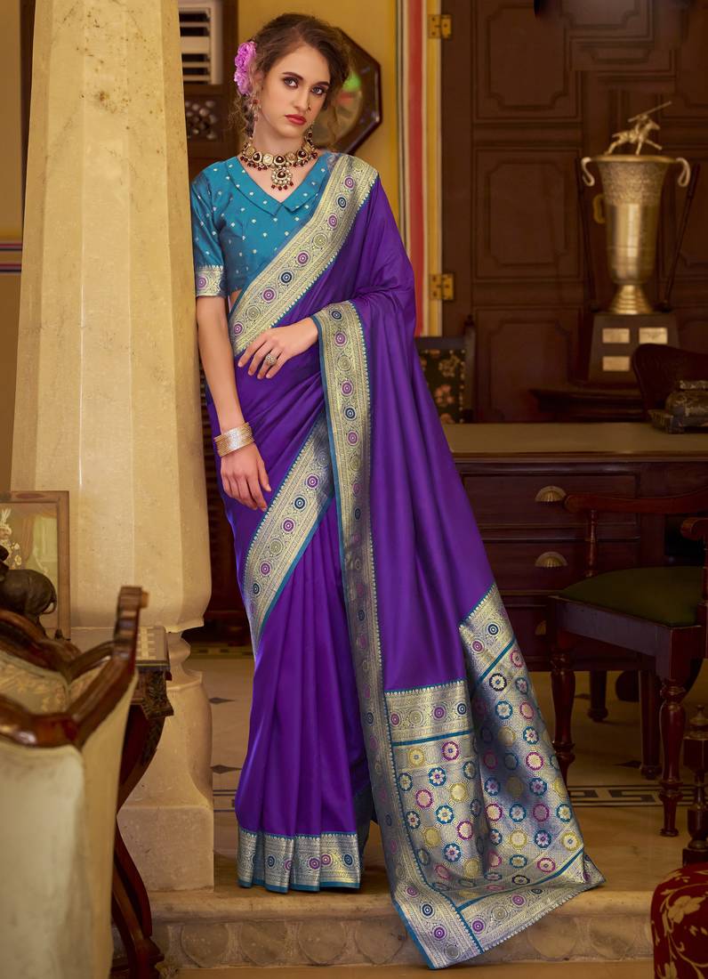 purple soft silk blend woven saree with unstitched blouse piece