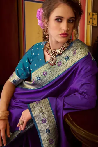 purple soft silk blend woven saree with unstitched blouse piece