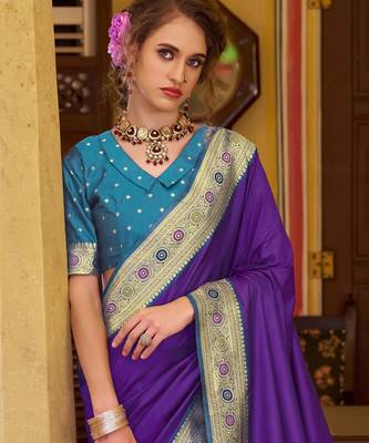 purple soft silk blend woven saree with unstitched blouse piece 4