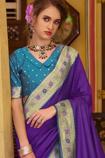 purple soft silk blend woven saree with unstitched blouse piece