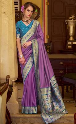 lavender soft silk blend woven saree with unstitched blouse piece 1