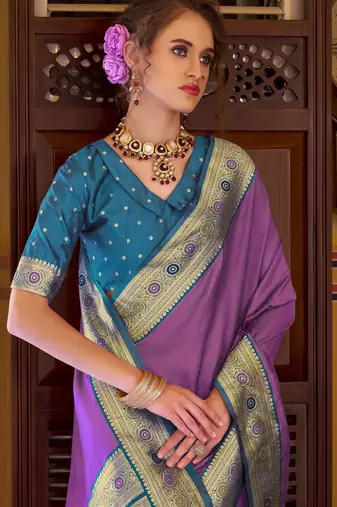 lavender soft silk blend woven saree with unstitched blouse piece