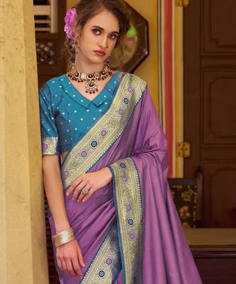 lavender soft silk blend woven saree with unstitched blouse piece 4