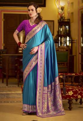 blue soft silk blend woven saree with unstitched blouse piece 1