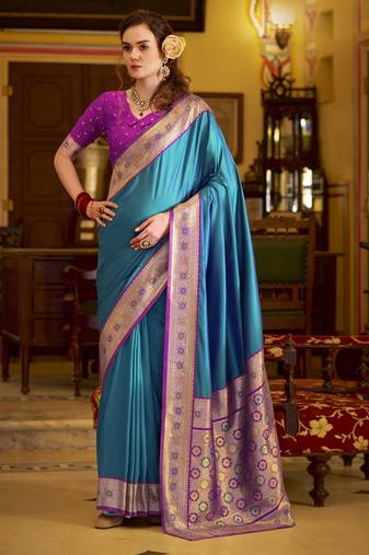 blue soft silk blend woven saree with unstitched blouse piece