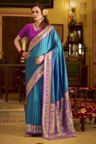 blue soft silk blend woven saree with unstitched blouse piece