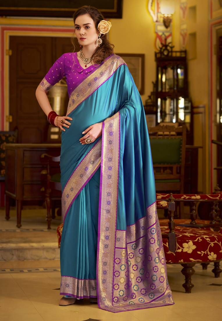 blue soft silk blend woven saree with unstitched blouse piece