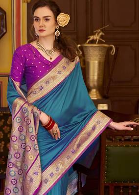 blue soft silk blend woven saree with unstitched blouse piece 2