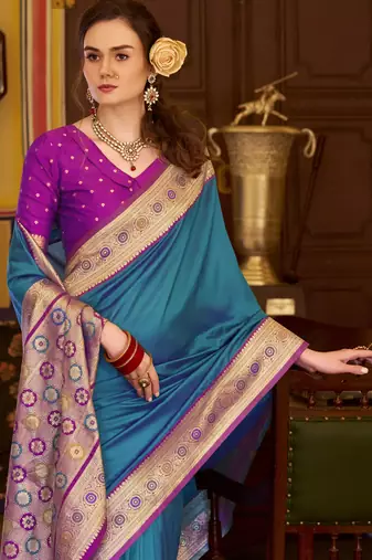 blue soft silk blend woven saree with unstitched blouse piece