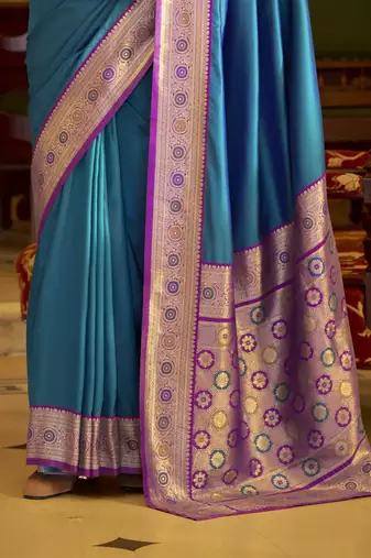 blue soft silk blend woven saree with unstitched blouse piece