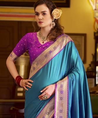 blue soft silk blend woven saree with unstitched blouse piece 4