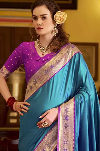 blue soft silk blend woven saree with unstitched blouse piece