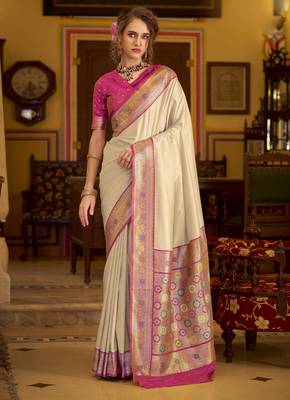 beige soft silk blend woven saree with unstitched blouse piece 1