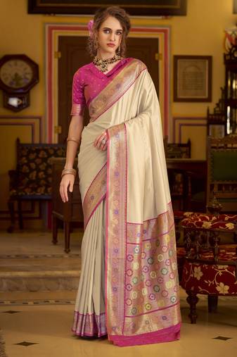 beige soft silk blend woven saree with unstitched blouse piece