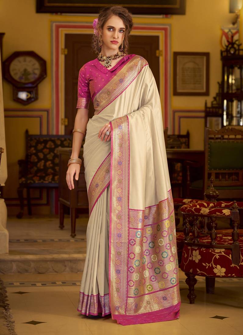 beige soft silk blend woven saree with unstitched blouse piece