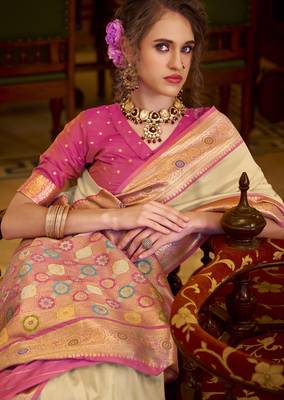 beige soft silk blend woven saree with unstitched blouse piece 2