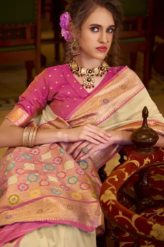 beige soft silk blend woven saree with unstitched blouse piece