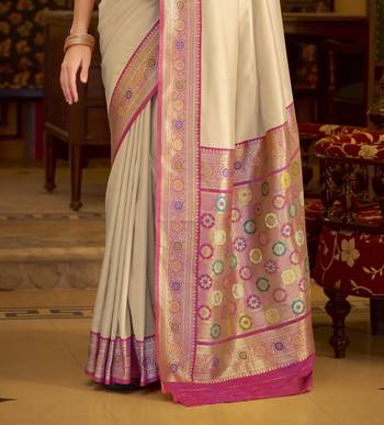 beige soft silk blend woven saree with unstitched blouse piece 3