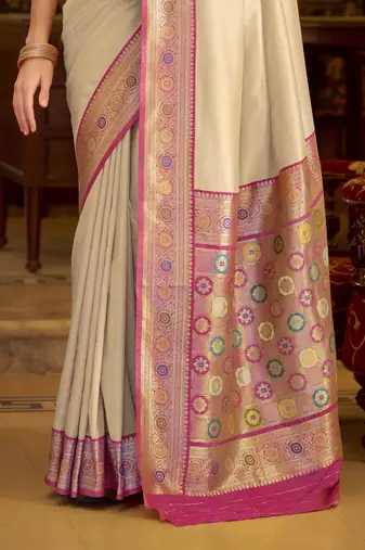 beige soft silk blend woven saree with unstitched blouse piece