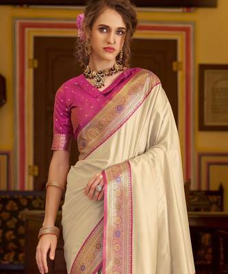 beige soft silk blend woven saree with unstitched blouse piece 4