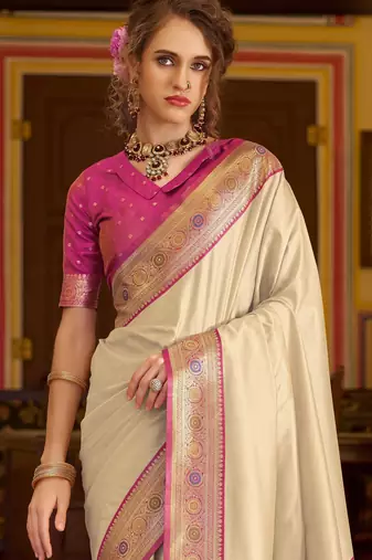 beige soft silk blend woven saree with unstitched blouse piece