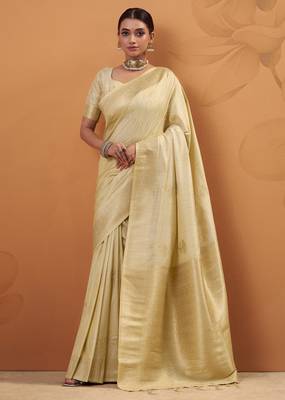 yellow tissue silk blend woven saree with unstitched blouse piece 1