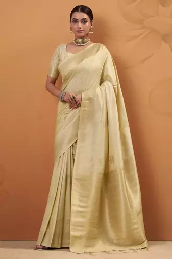 yellow tissue silk blend woven saree with unstitched blouse piece
