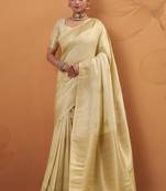 yellow tissue silk blend woven saree with unstitched blouse piece