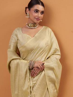 yellow tissue silk blend woven saree with unstitched blouse piece 2