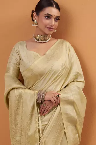 yellow tissue silk blend woven saree with unstitched blouse piece