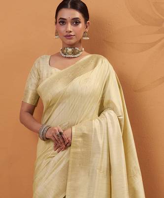 yellow tissue silk blend woven saree with unstitched blouse piece 4