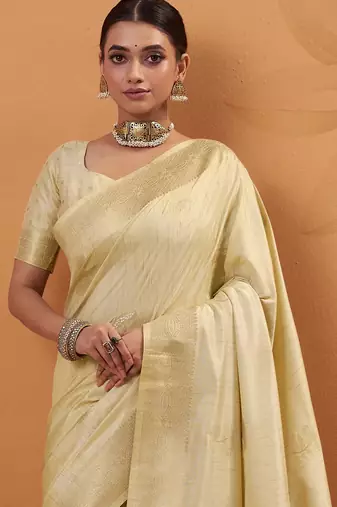 yellow tissue silk blend woven saree with unstitched blouse piece