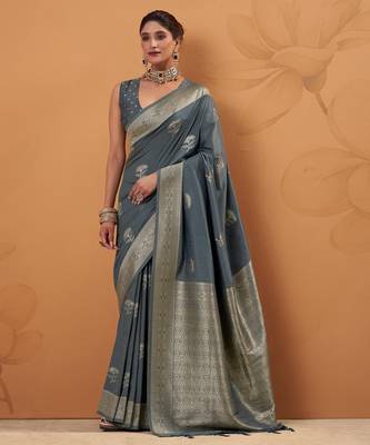 grey tissue silk blend woven saree with unstitched blouse piece 1