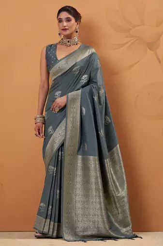 grey tissue silk blend woven saree with unstitched blouse piece