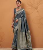 grey tissue silk blend woven saree with unstitched blouse piece