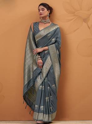 grey tissue silk blend woven saree with unstitched blouse piece 2