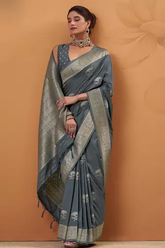 grey tissue silk blend woven saree with unstitched blouse piece