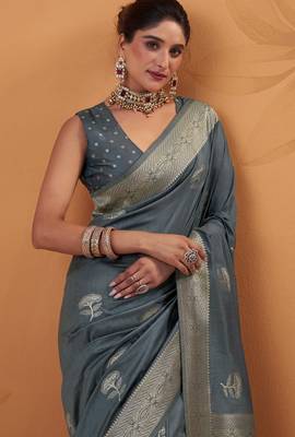 grey tissue silk blend woven saree with unstitched blouse piece 3