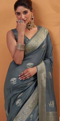 grey tissue silk blend woven saree with unstitched blouse piece 4