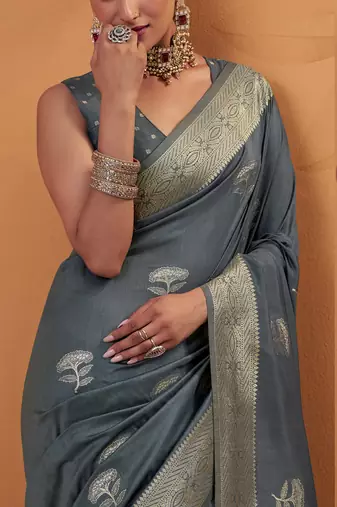 grey tissue silk blend woven saree with unstitched blouse piece