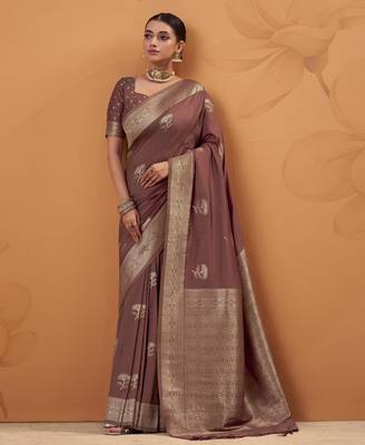brown tissue silk blend woven saree with unstitched blouse piece 1